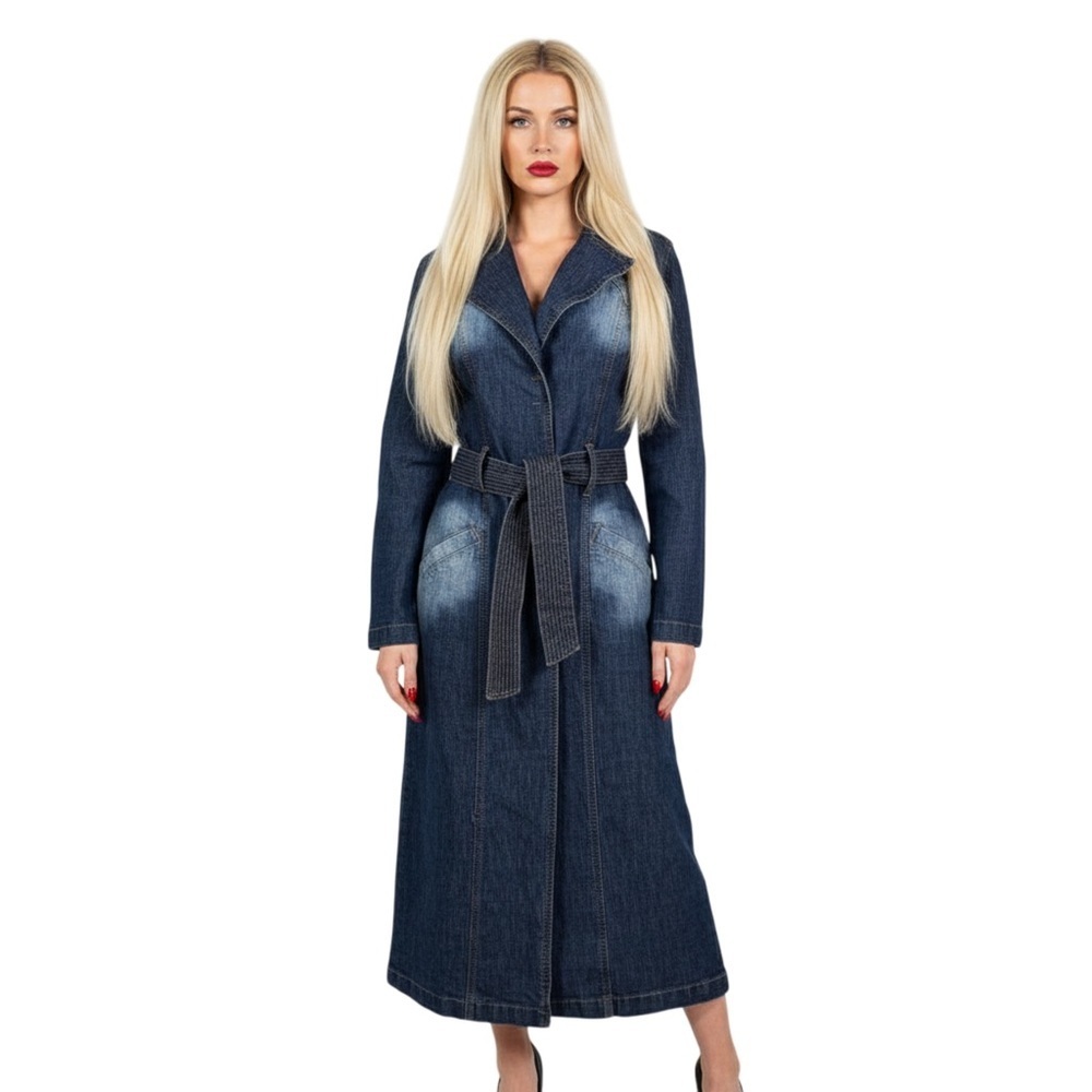 Y.O.Y.O. Denim Trench Coat Dress Belted Maxi Blue Women's Medium